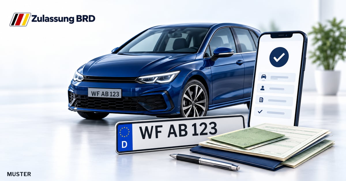 Online Fahrzeugzulassung in Wolfenbüttel: Musterkennzeichen WF AB 123, Auto und Fahrzeugpapiere und Smartphone. Illustration mit Logo von Zulassung BRD.